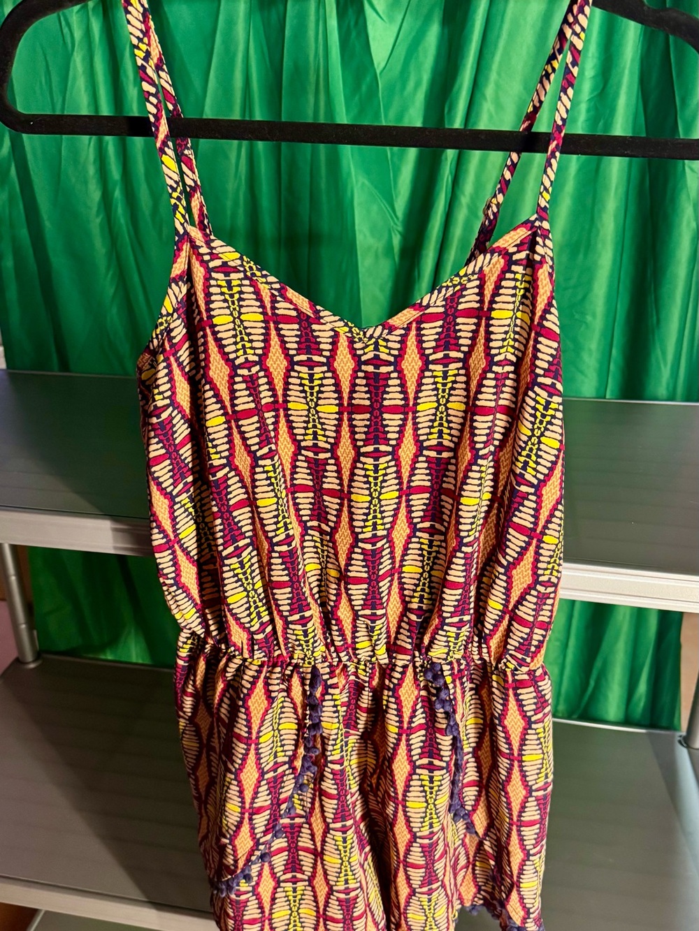 Xhilaration XS Boho Geometric Print Pom Pom Romper